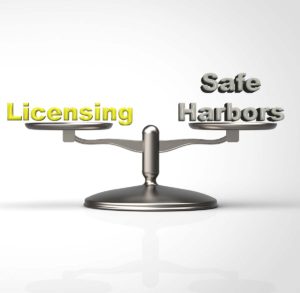 Image of words "licensing" and "safe harbors" balanced on scale for DigitalFrontiers Advocacy copyright blog on technical measures